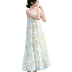 Green Floral Slip Dress - Y2K Aesthetic Women's Summer Dress with Romantic Texture