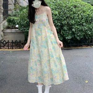 Green Floral Slip Dress - Y2K Aesthetic Women's Summer Dress with Romantic Texture