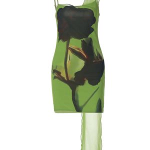 Green Ribbon Printed Bodycon Cami Dress - Y2K Aesthetic Cute Dress for Stylish Outfits