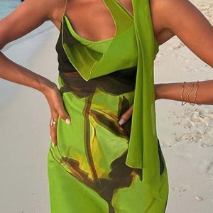 Green Ribbon Printed Bodycon Cami Dress - Y2K Aesthetic Cute Dress for Stylish Outfits