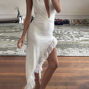 Halter Low-Cut Asymmetrical Ruffle Hem Lace Dress in Y2K Aesthetic Style