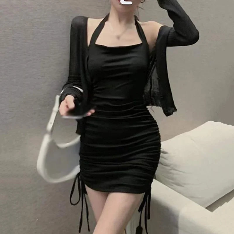 Halter Neck Drawstring Black Mini Dress - Y2K Off Shoulder Bodycon Party Club Dress