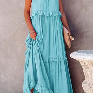 Halter Sleeveless Pleated Tiered Maxi Dress for Y2K Aesthetic and Coquette Style