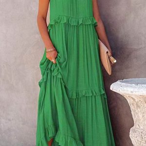 Halter Sleeveless Pleated Tiered Maxi Dress for Y2K Aesthetic and Coquette Style