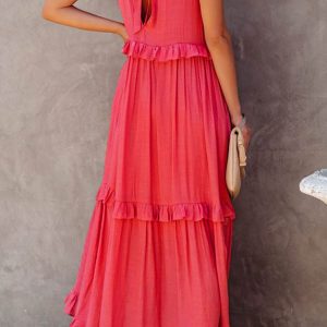 Halter Sleeveless Pleated Tiered Maxi Dress for Y2K Aesthetic and Coquette Style