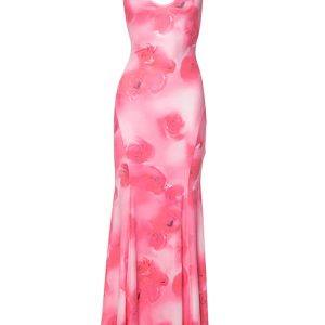 Halterneck Backless Fishtail Maxi Dress in Y2K Aesthetic Print for Trendy Summer Vibes