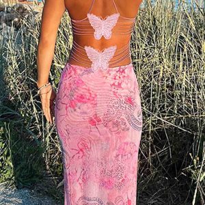 Halterneck Backless Midi Dress with Butterfly Print - Y2K Aesthetic Fashion Essential