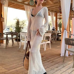 Handmade Crocheted Hollow Beach Dress with Trumpet Sleeves - Y2K Aesthetic Fashion