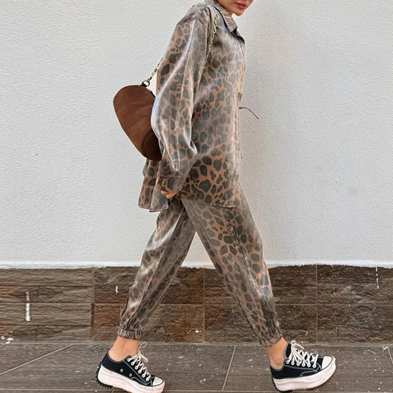 Harajuku Vintage Leopard Print Y2K Outfit Set: Single Breasted Lapel Shirt & Slim Pants Suit