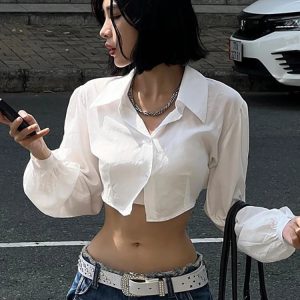 Harajuku Y2K Hollow Out Long Sleeve Blouse with Turn-Down Collar - Trendy High Street Tee