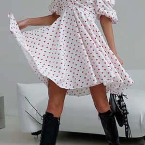 Heart Printed Y2K Off-Shoulder Puff Sleeve Mini Dress for Cute Aesthetic Outfits