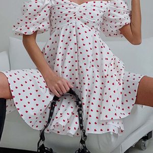 Heart Printed Y2K Off-Shoulder Puff Sleeve Mini Dress for Cute Aesthetic Outfits