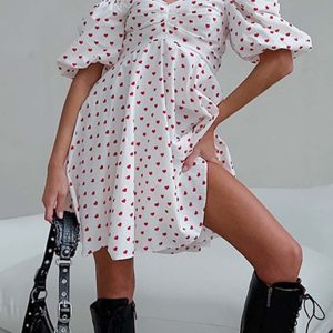 Heart Printed Y2K Off-Shoulder Puff Sleeve Mini Dress for Cute Aesthetic Outfits