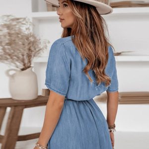 High-End Women's Solid Color V-Neck Dress with Short Sleeves - Chic Y2K Style