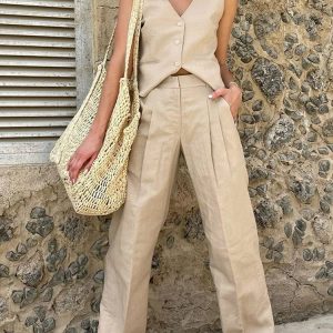 High Waist Baggy Trouser Set with V Neck Vest - Casual Summer 2 Piece Women's Outfit 2023