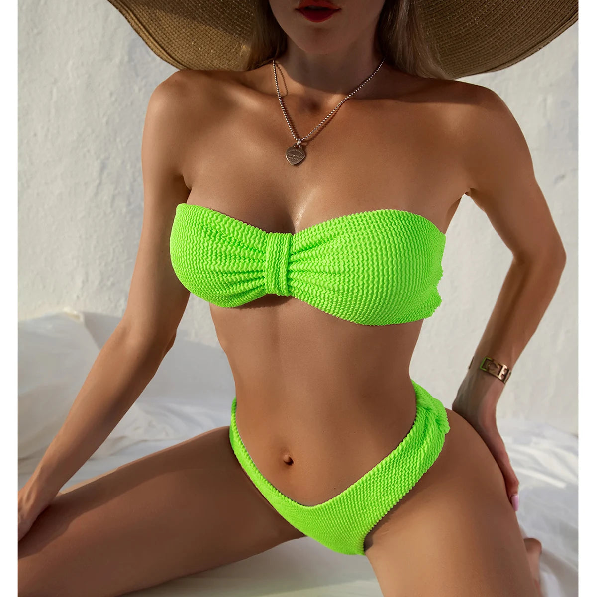 High Waist Bandeau Bikini Set 2024 - Sexy Solid Swimwear for Women, Brazilian Thong Style