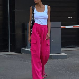 High Waist Casual Wide Leg Cargo Pants - Y2K Pink Harajuku Streetwear Trousers for Fall