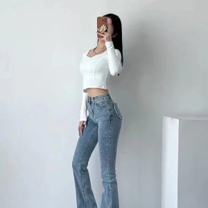 High Waist Flare Jeans for Women - Y2K Streetwear Denim Trousers, Trendy Autumn Bottoms