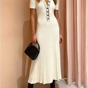 High Waist Knitted Rib Maxi Dress for Women - Casual Loose Autumn Elegance Dress Femme