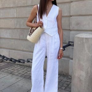 High Waist Loose Pant Set with Crop Top - Stylish Solid Trouser Suit for Summer Outfits