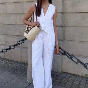 High Waist Loose Pant Set with Crop Top - Stylish Solid Trouser Suit for Summer Outfits