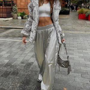 High Waist PU Silver Wide Leg Pants for Women - Casual Loose Fit Streetwear for Parties 2023