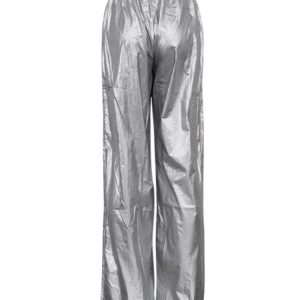 High Waist PU Silver Wide Leg Pants for Women - Casual Loose Fit Streetwear for Parties 2023