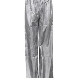 High Waist PU Silver Wide Leg Pants for Women - Casual Loose Fit Streetwear for Parties 2023