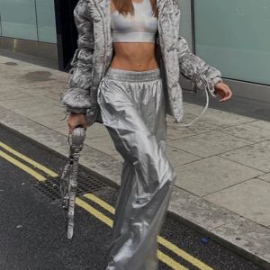 High Waist PU Silver Wide Leg Pants for Women - Casual Loose Fit Streetwear for Parties 2023