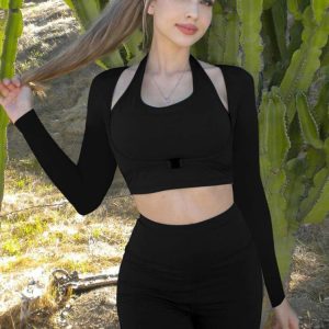 High Waist Y2K Fashion 3-Piece Set: Slim Bodycon Crop Tops & Long Sleeve Sportswear Outfits