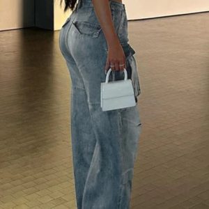 High-Waisted Baggy Blue Cargo Pants for Women - Comfy Y2K Fashion Denim with Pockets