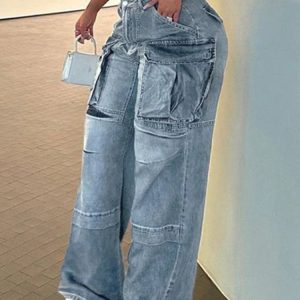 High-Waisted Baggy Blue Cargo Pants for Women - Comfy Y2K Fashion Denim with Pockets