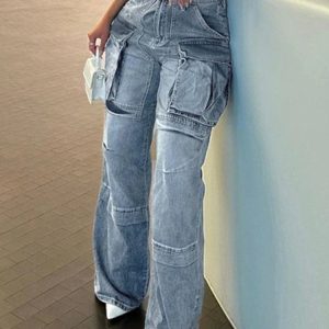 High-Waisted Baggy Blue Cargo Pants for Women - Comfy Y2K Fashion Denim with Pockets