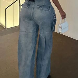 High-Waisted Baggy Blue Cargo Pants for Women - Comfy Y2K Fashion Denim with Pockets