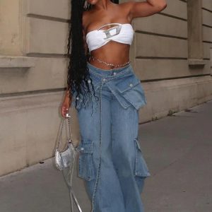 High-Waisted Baggy Cargo Jeans for Women - Blue Lace-Up Oversized Denim Pants, Street Style