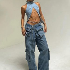 High-Waisted Baggy Cargo Jeans for Women - Blue Lace-Up Oversized Denim Pants, Street Style