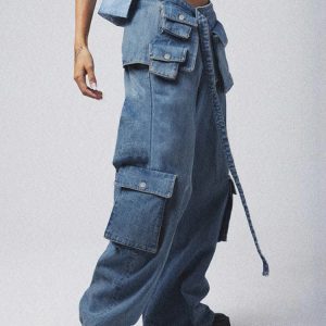 High-Waisted Baggy Cargo Jeans for Women - Blue Lace-Up Oversized Denim Pants, Street Style