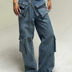 High-Waisted Baggy Cargo Jeans for Women - Blue Lace-Up Oversized Denim Pants, Street Style