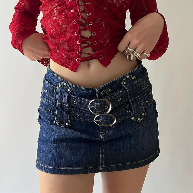 High-Waisted Bandage Denim Mini Skirt with Lace-Up Detail - Y2K Fashion Casual Street Style