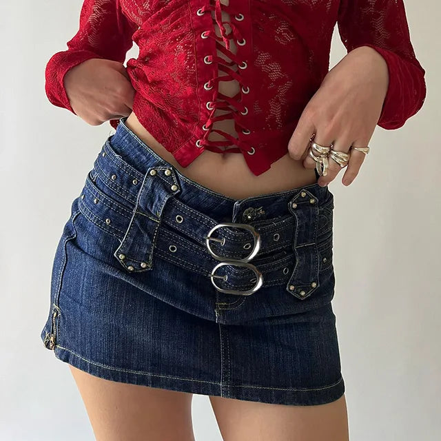 High-Waisted Bandage Denim Mini Skirt with Lace-Up Detail - Y2K Fashion Casual Street Style