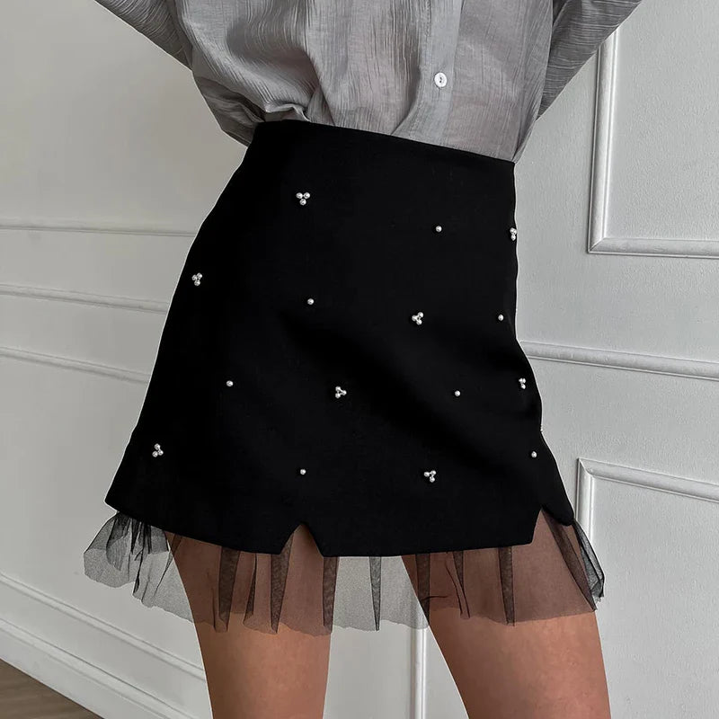 High Waisted Black Lace Splice Mini Skirt with Beading - Sexy Slim Fit for Parties