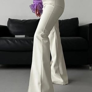 High-Waisted PU Split Pants for Women - Slim Fit Solid Casual Bottoms for Y2K Aesthetic Summer 2023