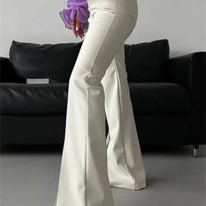 High-Waisted PU Split Pants for Women - Slim Fit Solid Casual Bottoms for Y2K Aesthetic Summer 2023