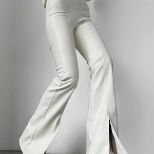 High-Waisted PU Split Pants for Women - Slim Fit Solid Casual Bottoms for Y2K Aesthetic Summer 2023