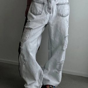 High Waisted Ripped Baggy Jeans for Women - Y2K Casual Streetwear Denim Pants 2023