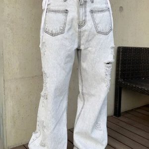 High Waisted Ripped Baggy Jeans for Women - Y2K Casual Streetwear Denim Pants 2023