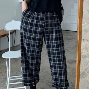 Hinley Plaid Oversized Trousers for Y2K Aesthetic and Grunge Style Outfits