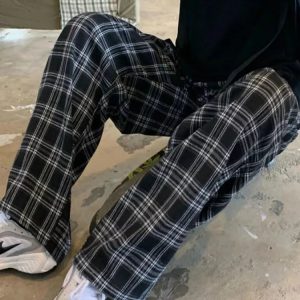 Hinley Plaid Oversized Trousers for Y2K Aesthetic and Grunge Style Outfits