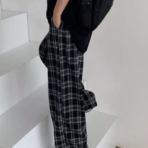 Hinley Plaid Oversized Trousers for Y2K Aesthetic and Grunge Style Outfits