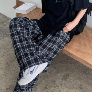 Hinley Plaid Oversized Trousers for Y2K Aesthetic and Grunge Style Outfits